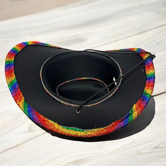 Rainbow Sequin Cowboy Hat With Adjustable Strap Costume Celebration Pride Party - Picture 4 of 8